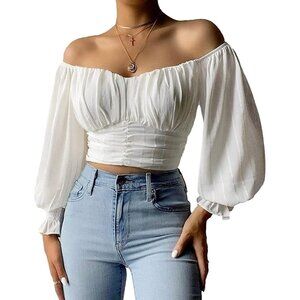 Womens Off Shoulder Puff Sleeve Blouse Summer Chiffon Crop Top Plus Size